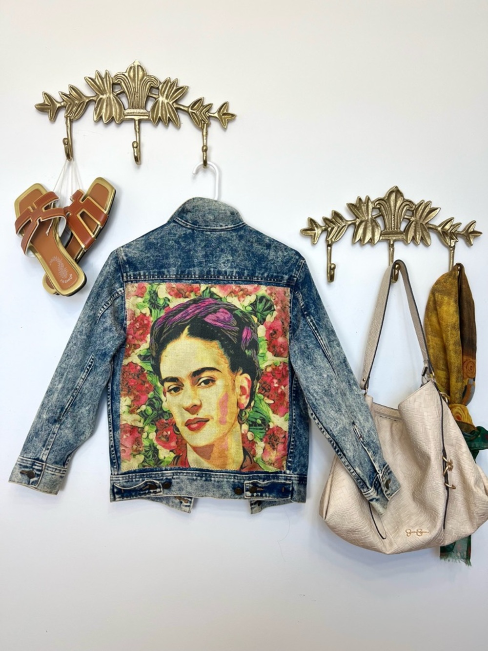 Upcycled Acid Wash Denim Jacket with Frida Kahlo wBack Panel S ptp 18”
